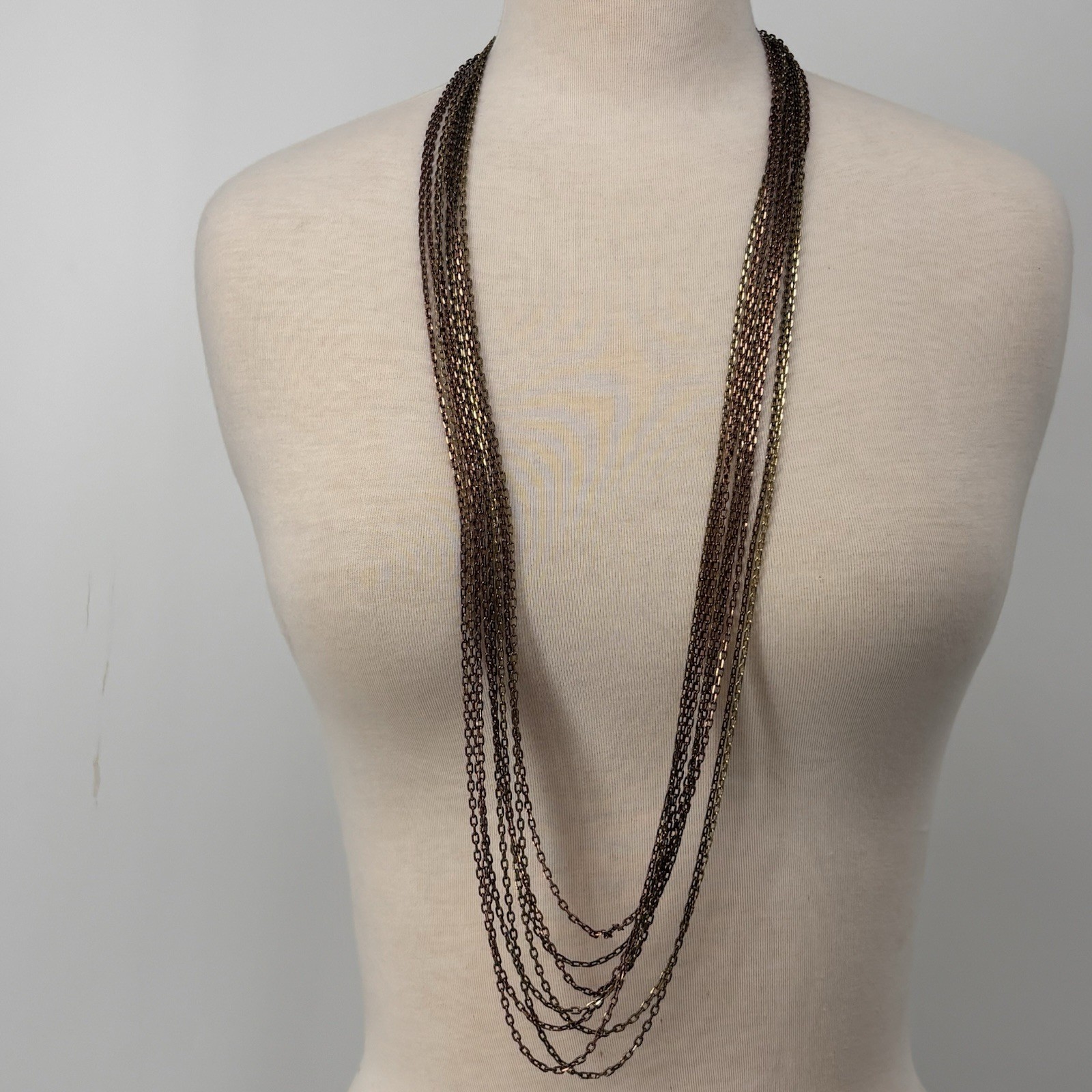Multi Strand Bronze Chain Necklace Long Layered Boho Statement Mixed Metal