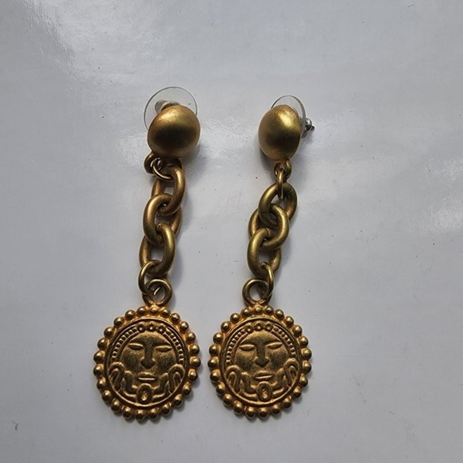 Vintage Antique gold Sun face figural tribal chain earrings