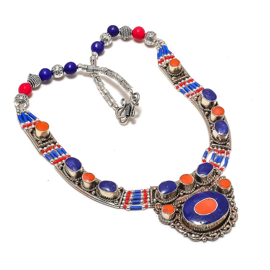 Red Coral Lapis Lazuli Gemstone Necklace Tibetan Gift Nepali Jewelry 18″ NN 7234