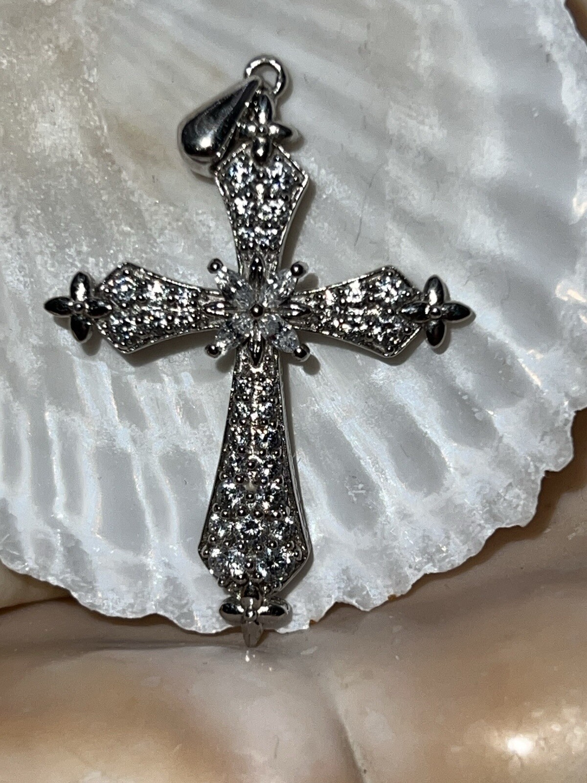 Cubic Zirconia Cross Pendant/Enhancer Sparkling Sterling Silver 925 Beauty!