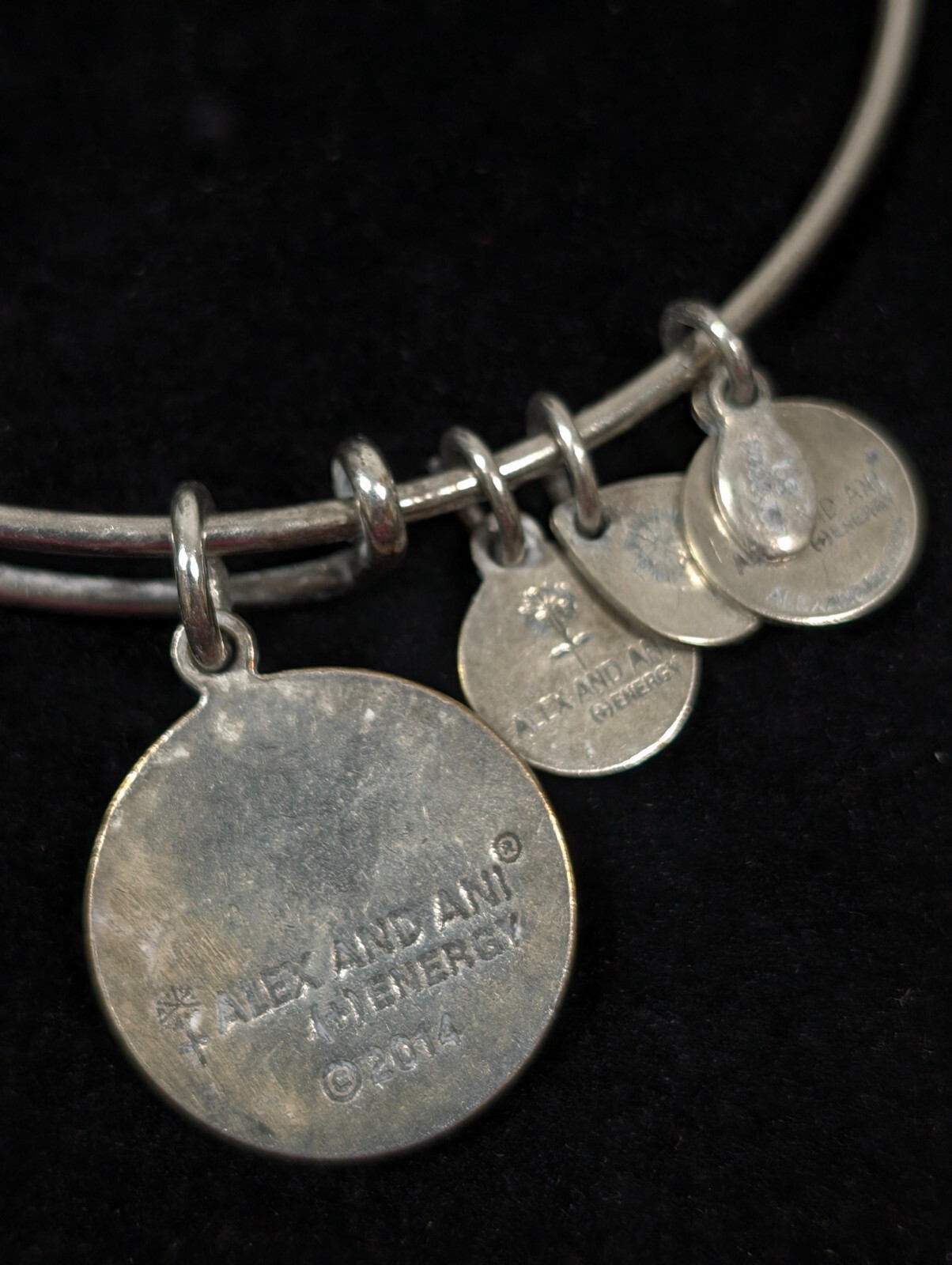 Alex Ani Silver Tone Monogram Round Charm Bangle Bracelet 7.5 in