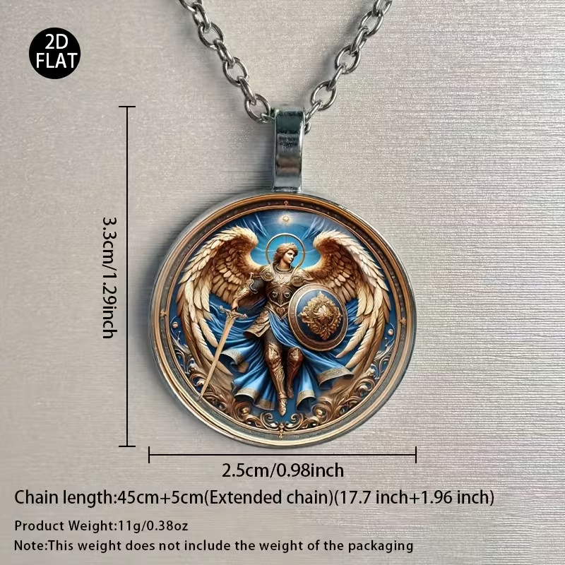 Archangel Michael Round Pendant Necklace with a Gift Box