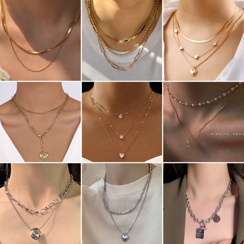 Multilayer Stainless Steel Punk Heart Pendant Necklace Choker Chain Women Gift