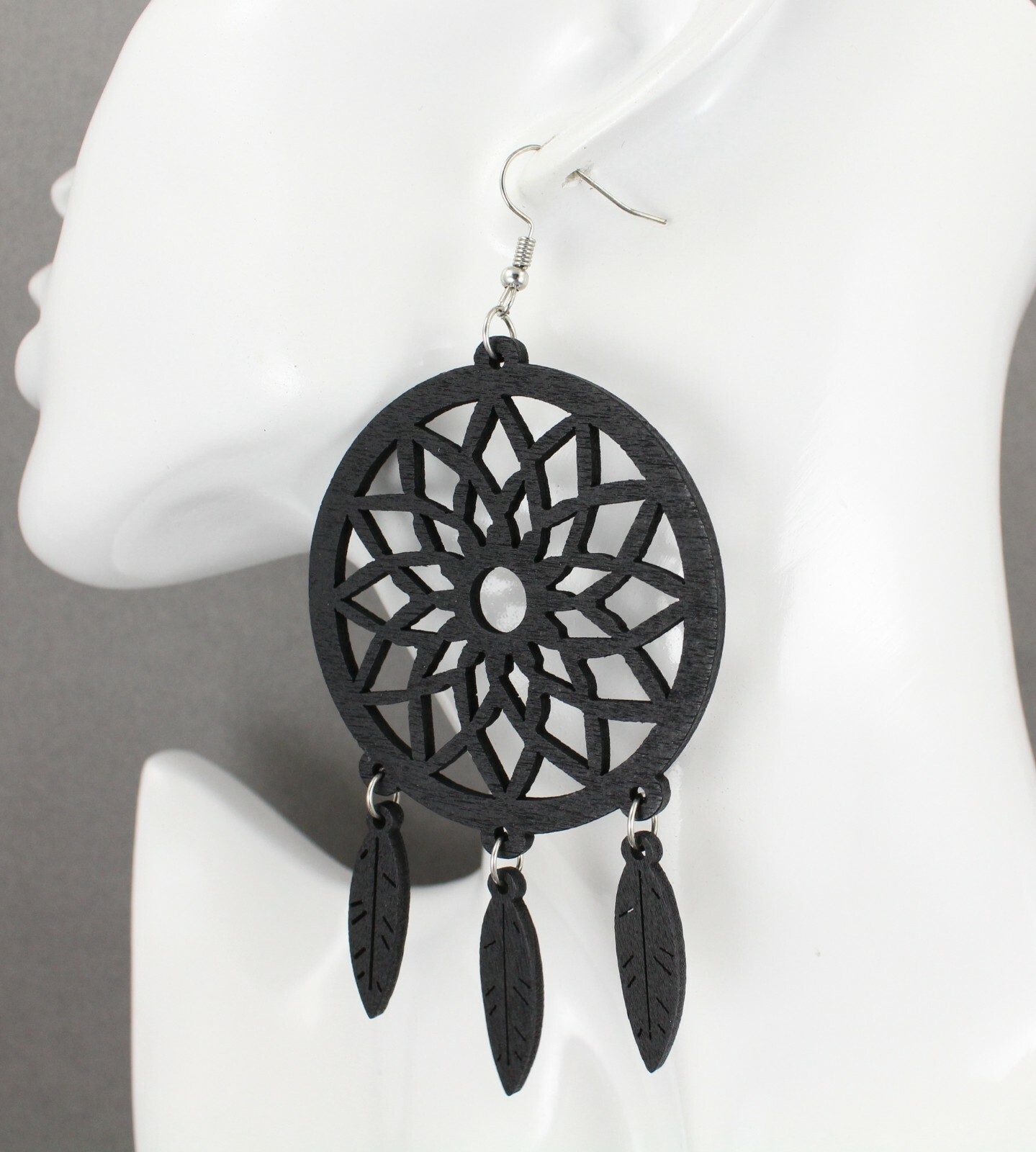 Black wood dream catcher feather earrings big lightweight leaf 4.25″ long
