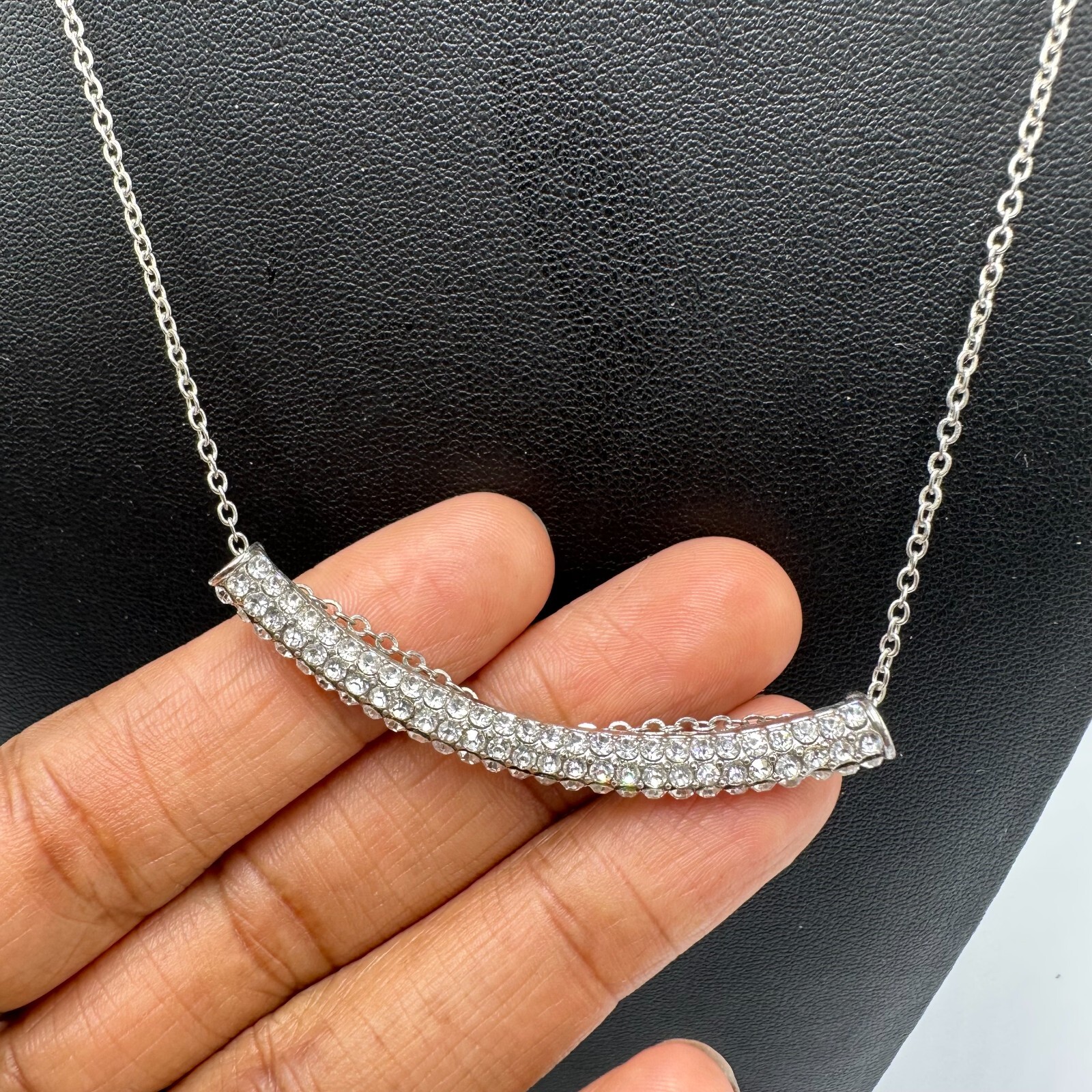 Rhinestone Bar Necklace Women Silver Tone Dainty Thin Chain Lightweight 14 Inch