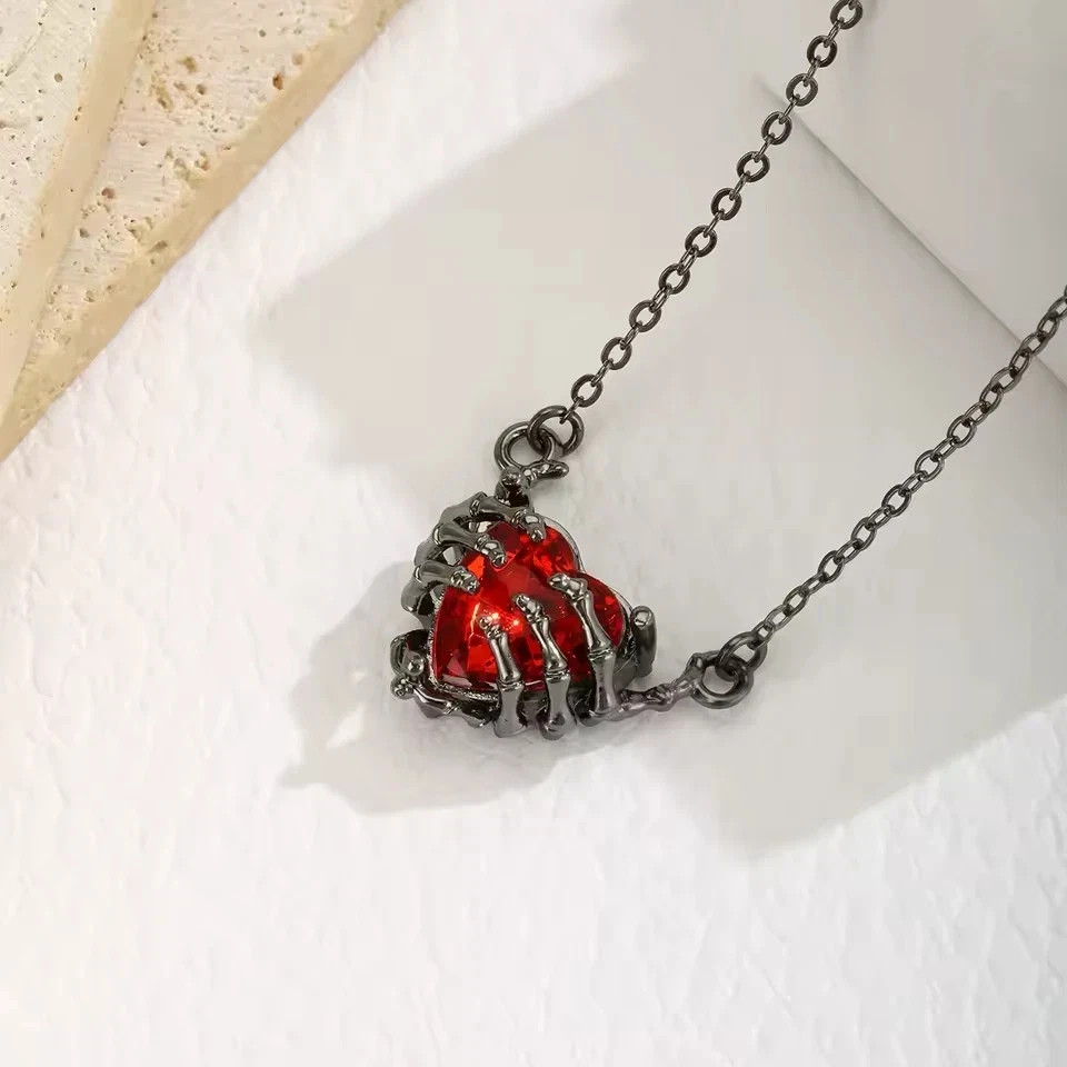 Gothic Bat Wings Skeleton Hand Heart Pendant Necklace Punk Halloween Jewelry