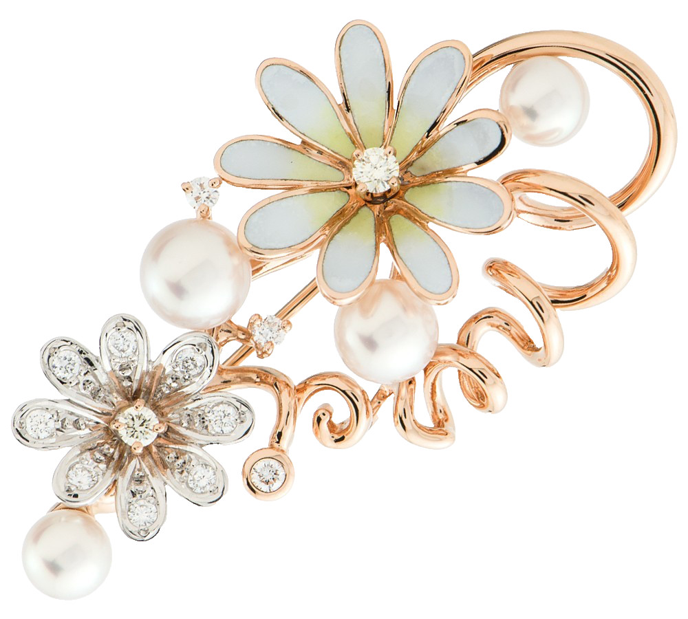 MIKIMOTO Enamel Flower Motif 4.9-6.0mm Akoya Pearl Diamonds 18K Gold Brooch