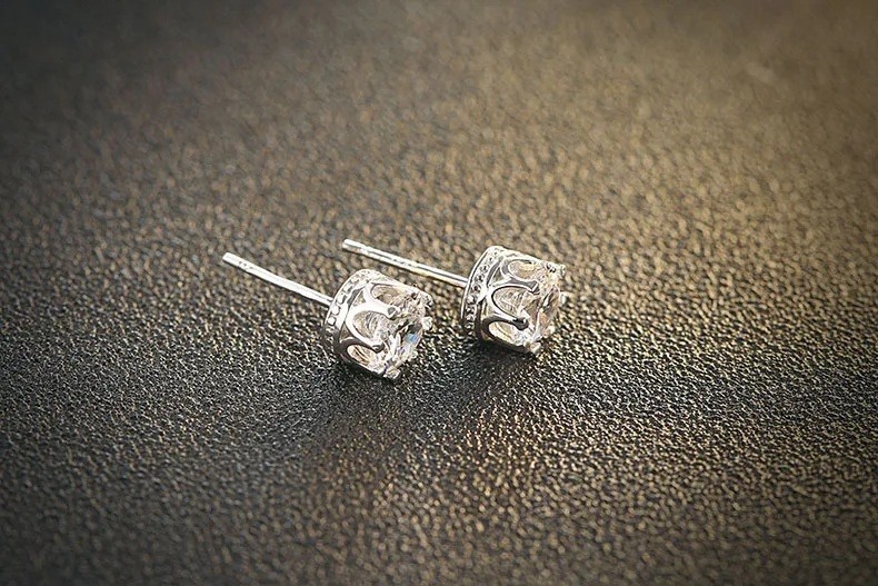 Solid 925 Sterling Silver Crown Stud Earrings CZ Crystal 6mm Unisex Men Women