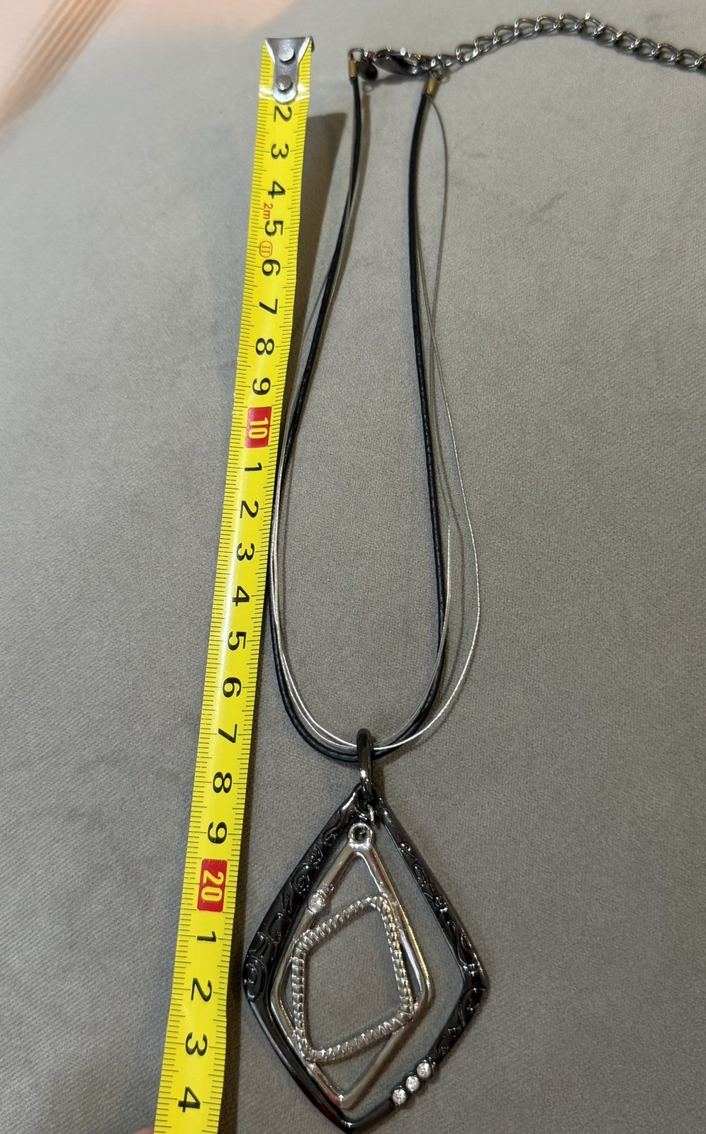 Chico’s Two-Tone Geometric Diamond Pendant Multi-Strand Cord Necklace Rhinestone