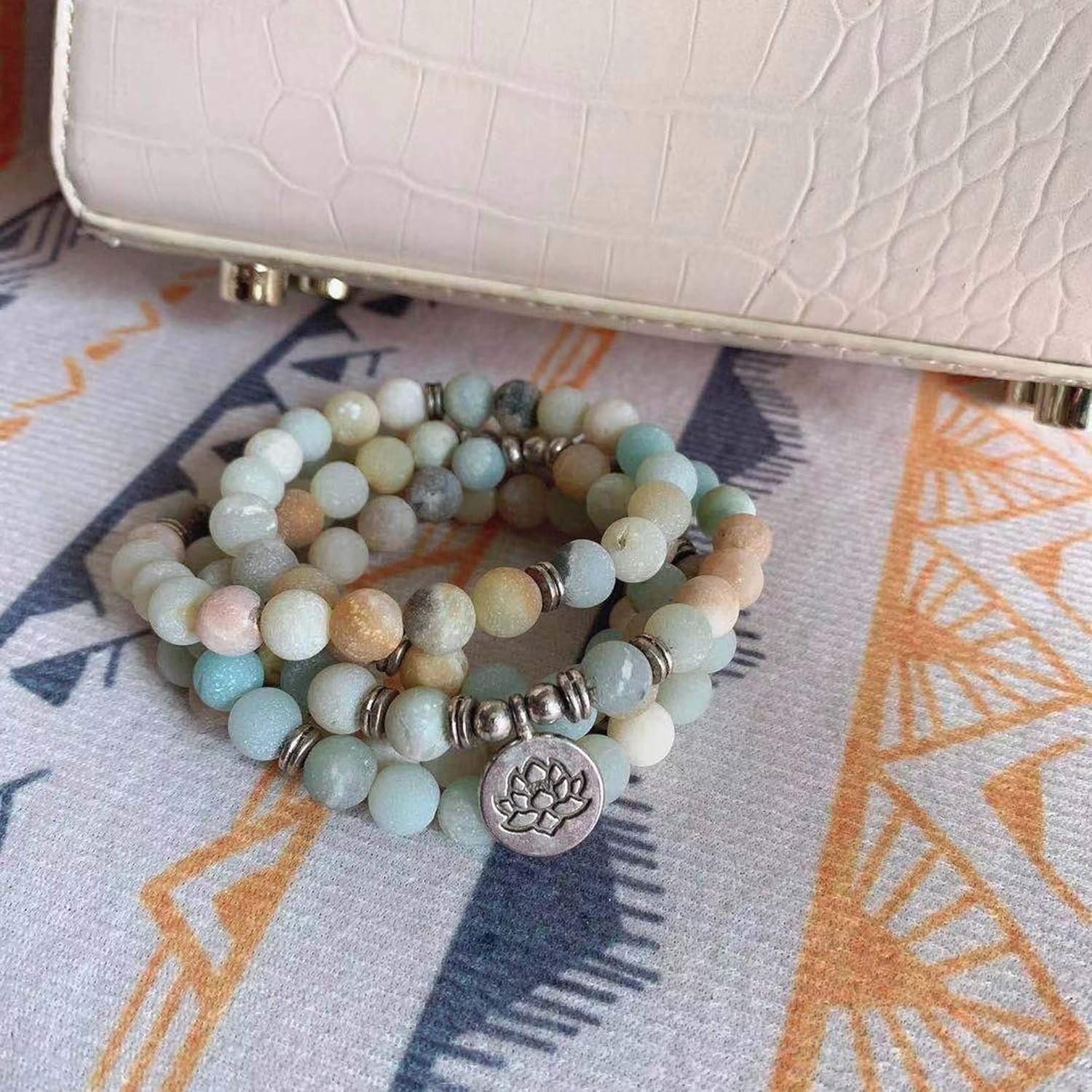 8mm Matte Amazonite 108 Mala Beads Wrap Bracelet Necklace Lotus Charm Yoga Jewel
