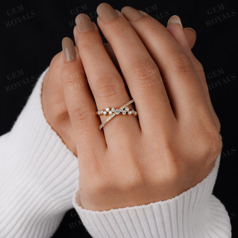 1.50 Ct Round Simulated Diamond Unique Criss Cross X Ring 14k Yellow Gold Plated