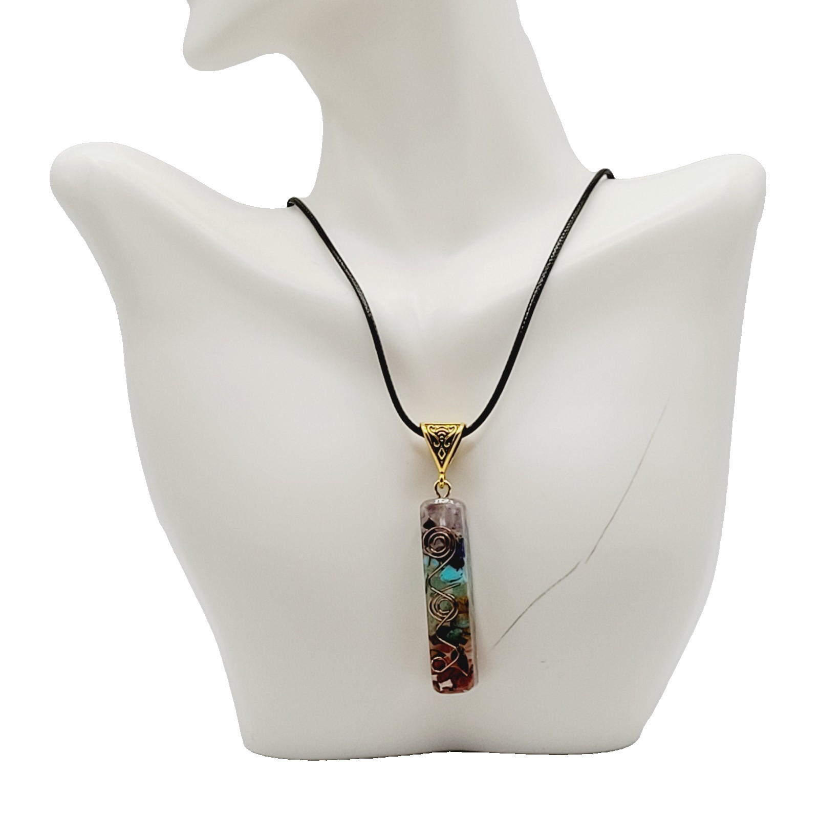 Modern Stone Chip Chakra Healing Meditation Pendant Faux Leather Cord Necklace