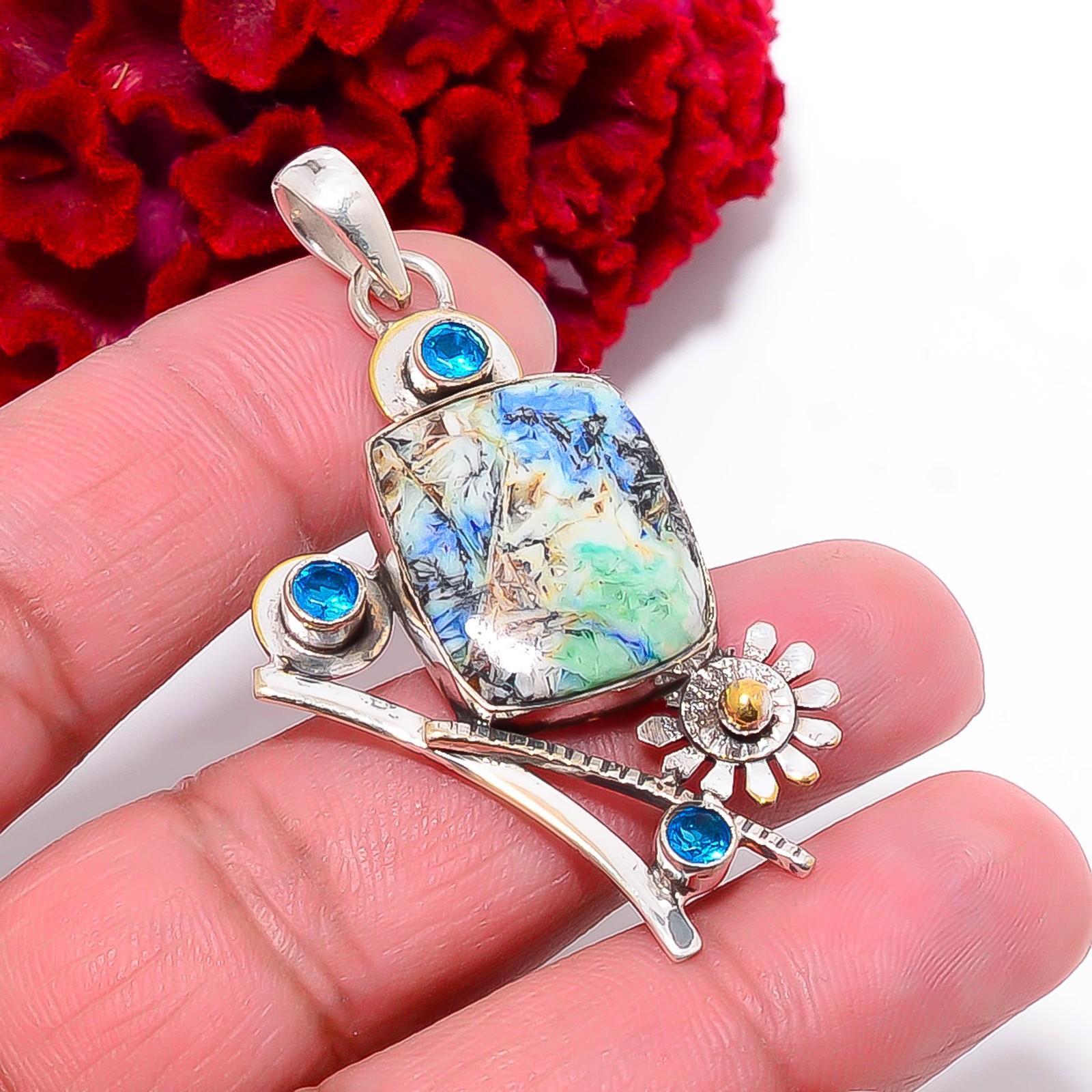 Azurite Turquoise – Utah & Blue Topaz 925 Sterling Silver Pendant 2.26″ P7137
