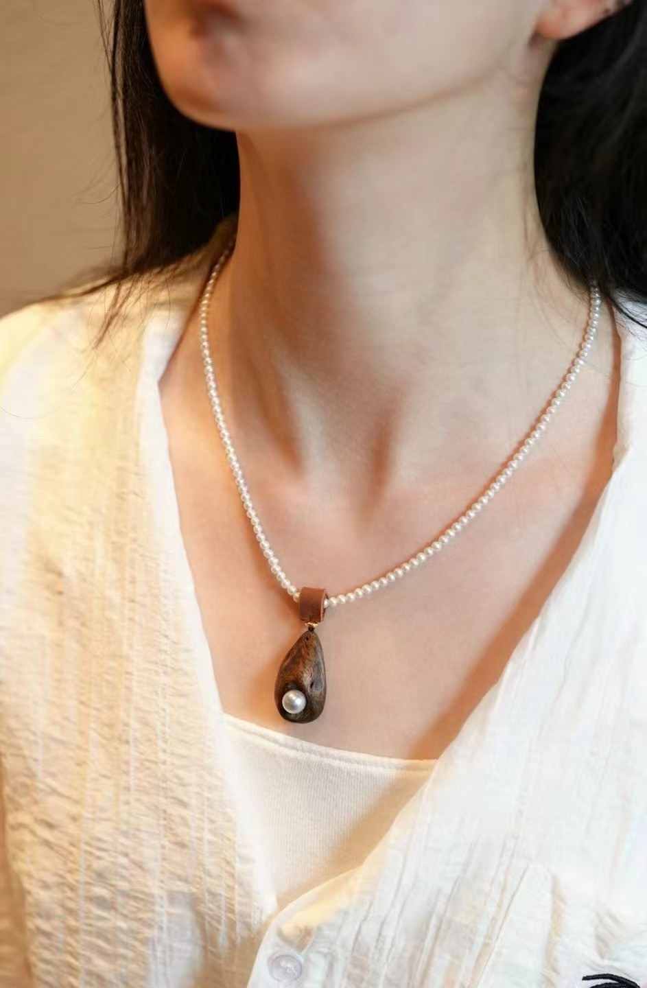 Natural Agarwood(21*35mm) & Freshwater pearls(3.7-8.8mm) Necklace