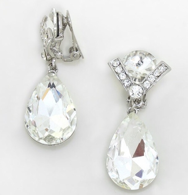 2.25″ Long CLIP ON Rhinestone Crystal Clear Silver White Wedding Dangle Earrings