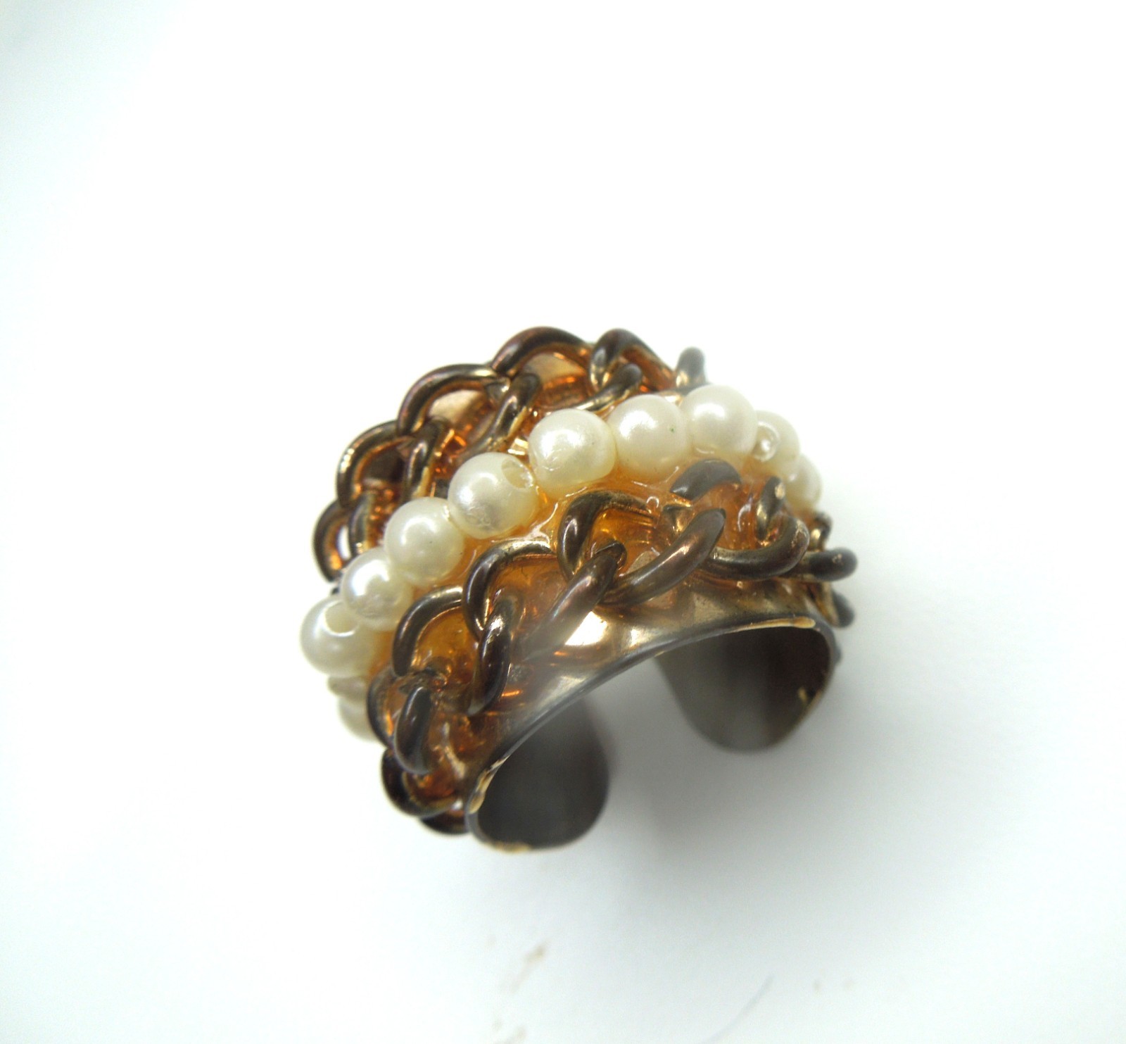 Sz 7 Copper tone and faux pearl ring metal acrylic upcycled