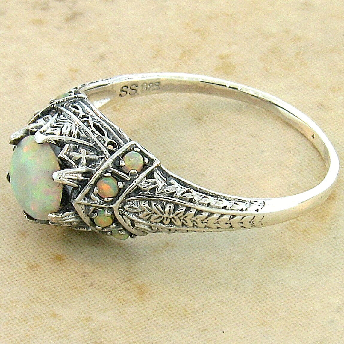 VICTORIAN STYLE LAB-CREATED OPAL 925 STERLING SILVER FILIGREE RING #643