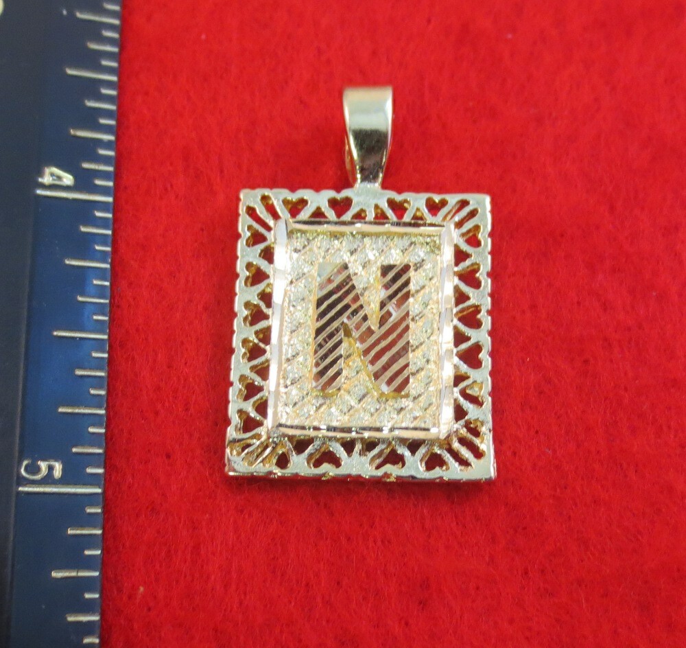 14KT GOLD EP 1 3/8 INCH FRAMED LETTER N LARGE SQUARE DIAMOND CUT INITIAL CHARM
