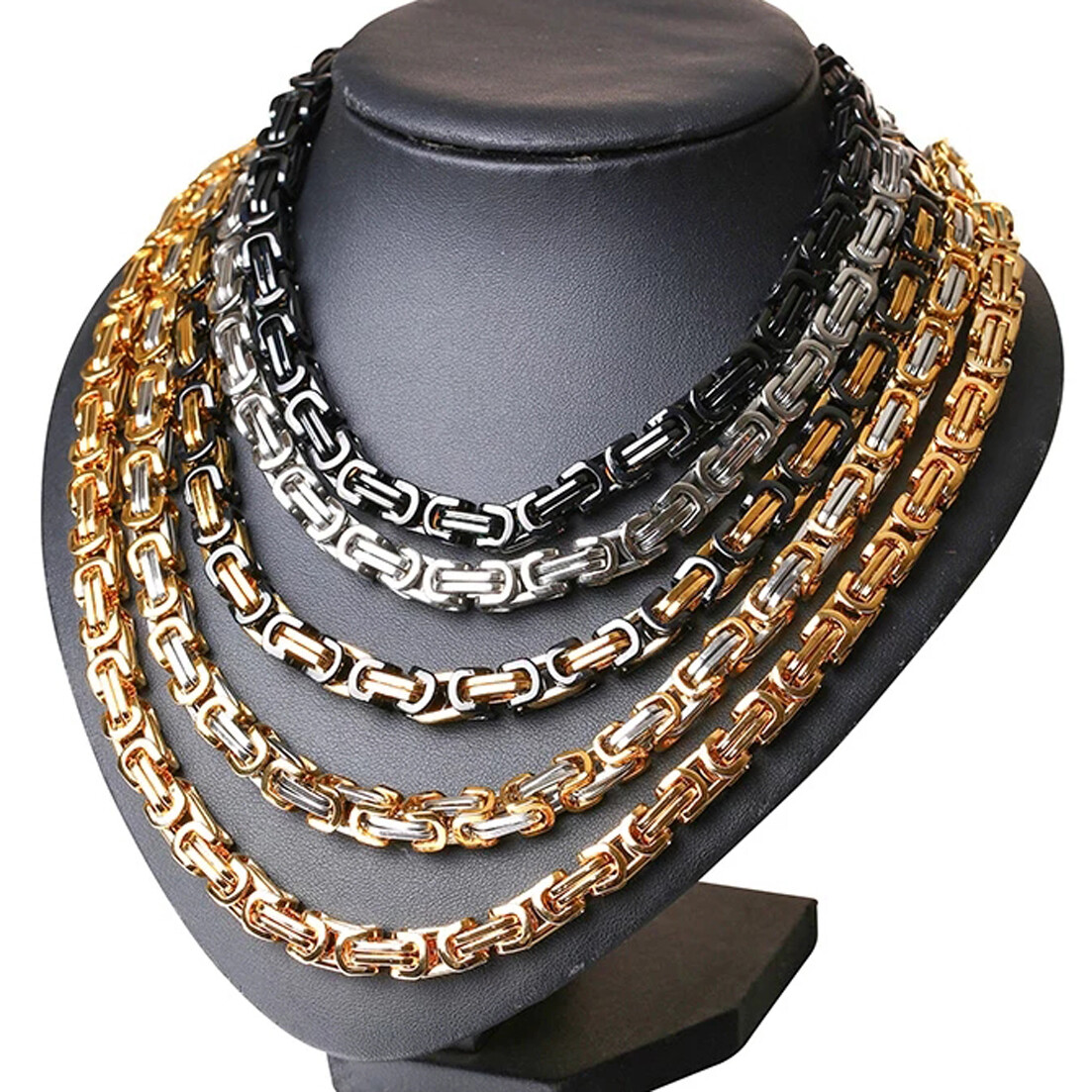 4/5/8mm Stainless Steel Byzantine Link Chain Necklace For Men Gold Silver Black