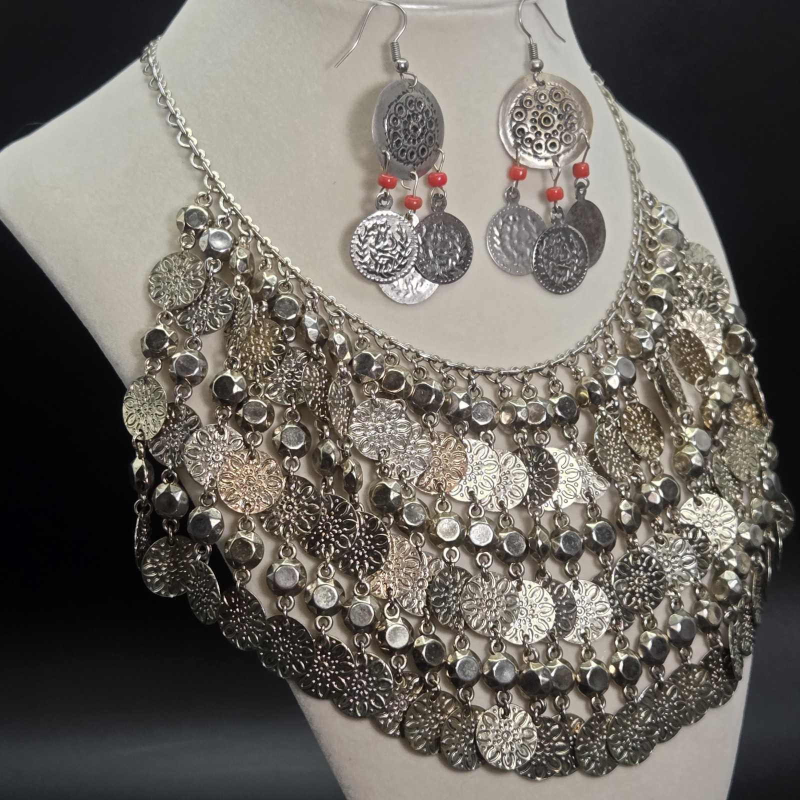 Dangling Coin Choker Bib Collar Silver Tone Metal Egyptian Necklace and Earrings