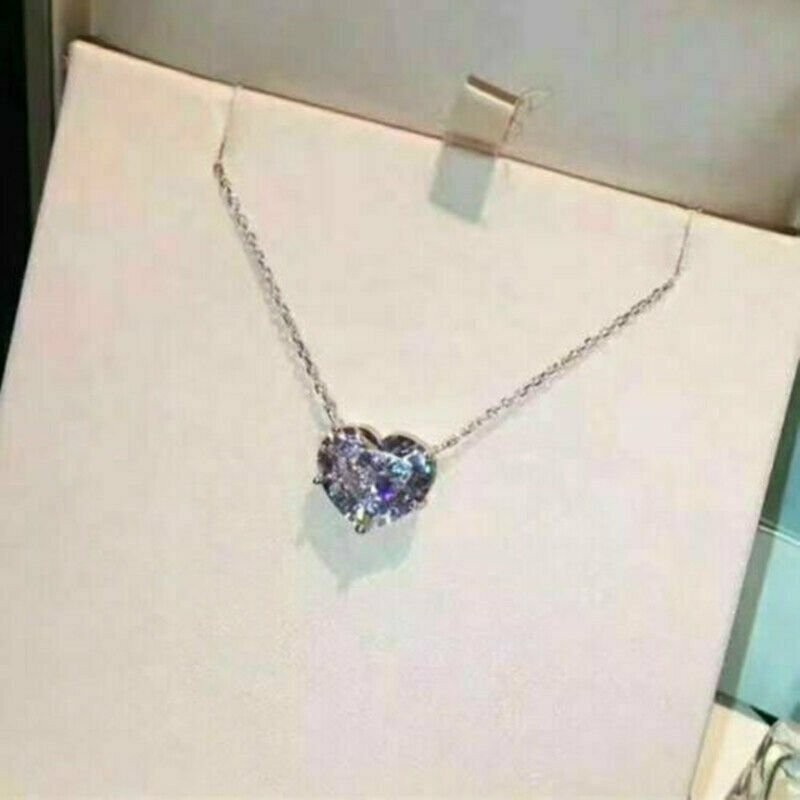 Fashion Plated Silver Heart Necklace Pendant Women Simulated Sapphire Jewelry