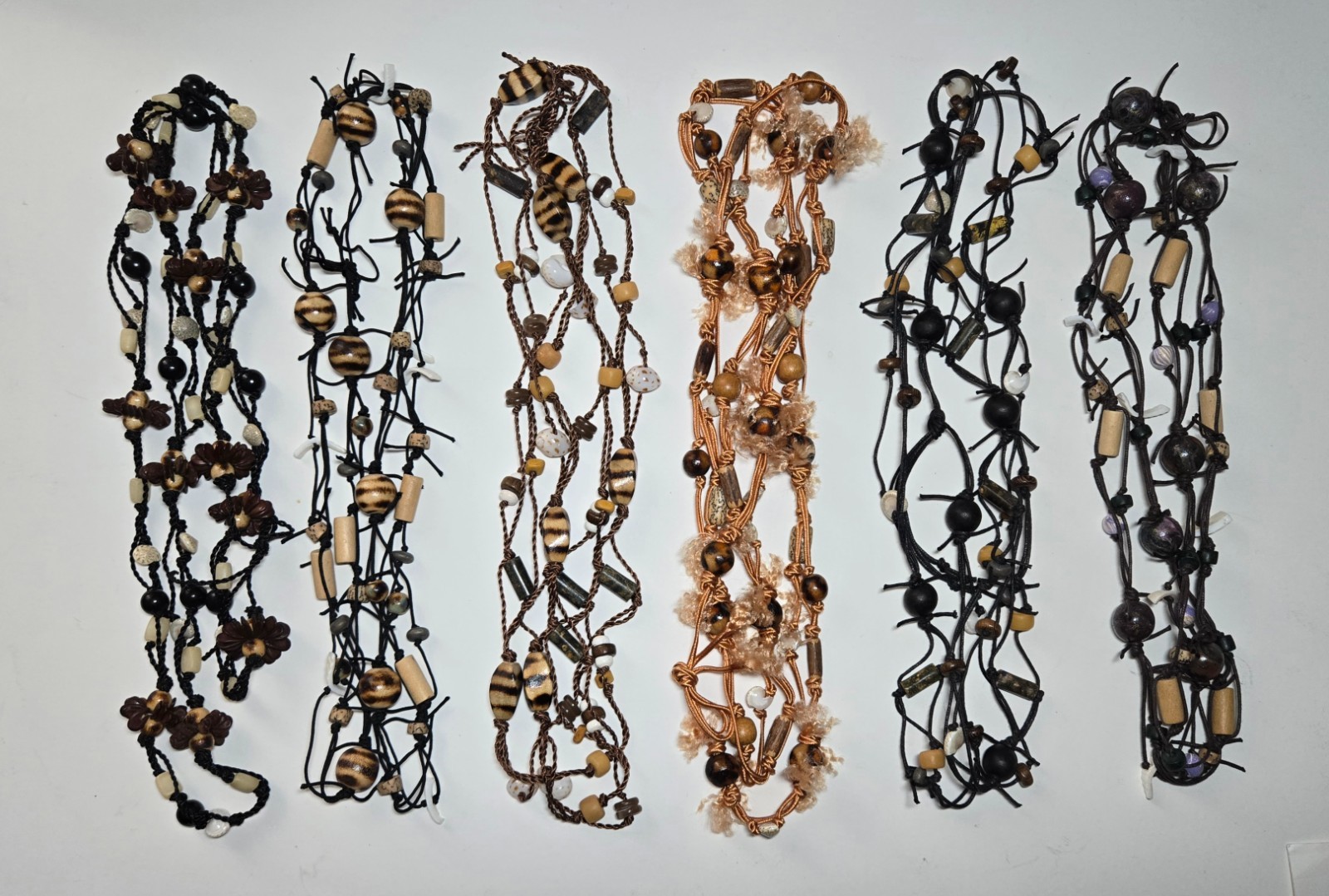 Boho Beaded Necklace Bulk Lot 20 pcs Handmade Cord Wood Bead Long Necklace Natur
