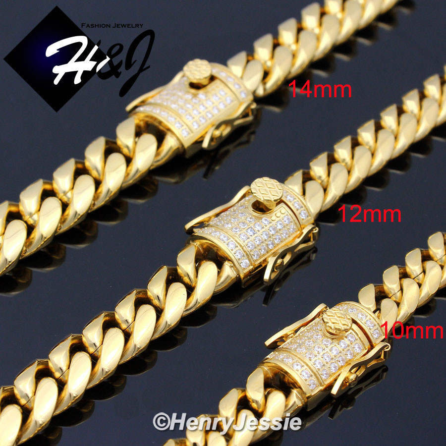 18″-40″Stainless Steel 10/12/14mm Gold Plated ICY CZ Miami Cuban Necklace*GN158