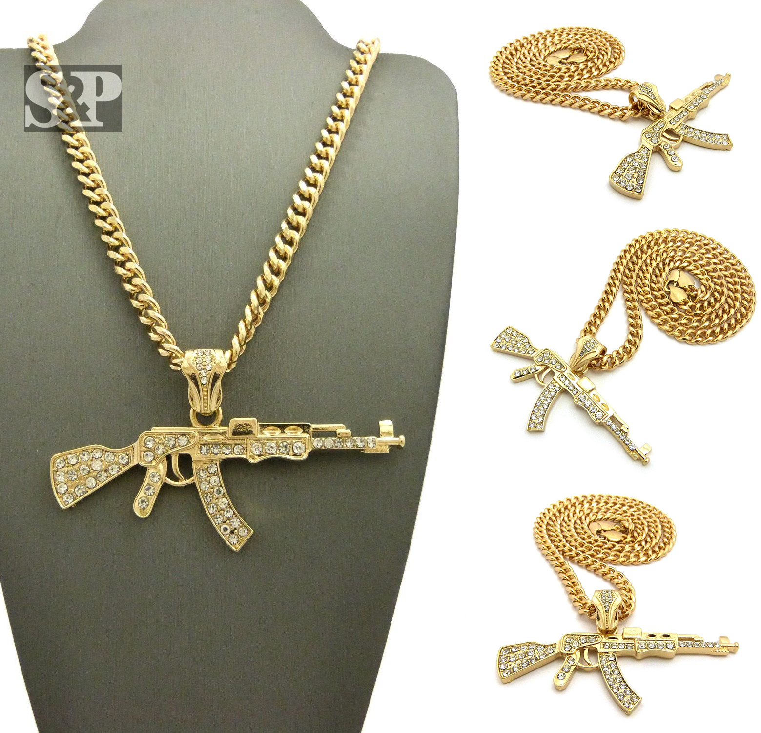 Gold Plated Alloy Cubic Zirconia AK47 Machine Gun Charm 24″ Cuban Chain Necklace