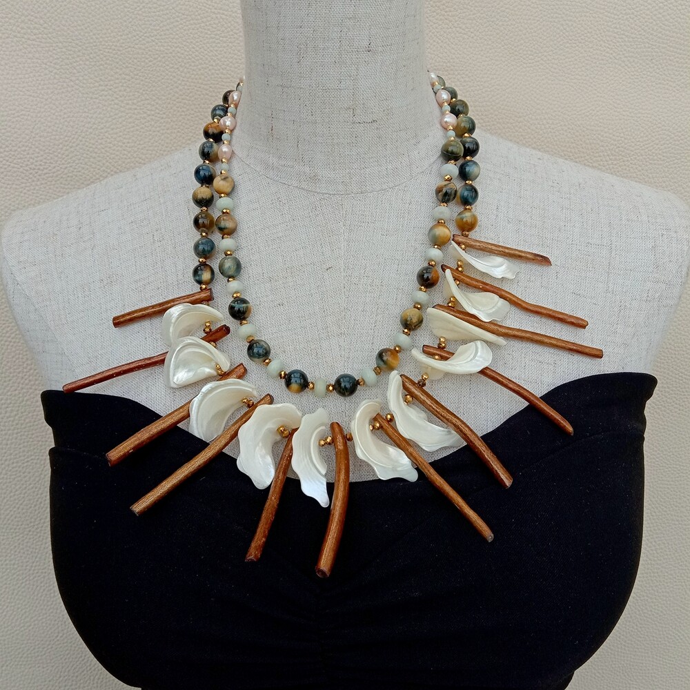 Purple Baroque Pearl Tiger Eye White Shell Gold Coral Necklace  20″