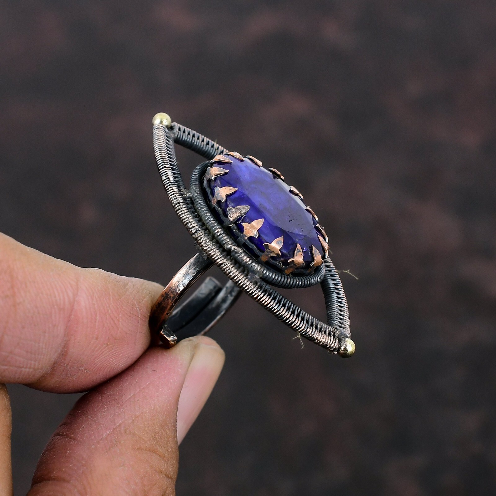 Blue Saphire Copper Mother Gift Wire Wrapped Adjustable Ring Size Adjustable