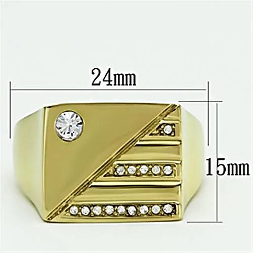 Men’s Pyramid Ring, Clear Top Grade Crystal, 14K Gold Plated, Stainless Steel