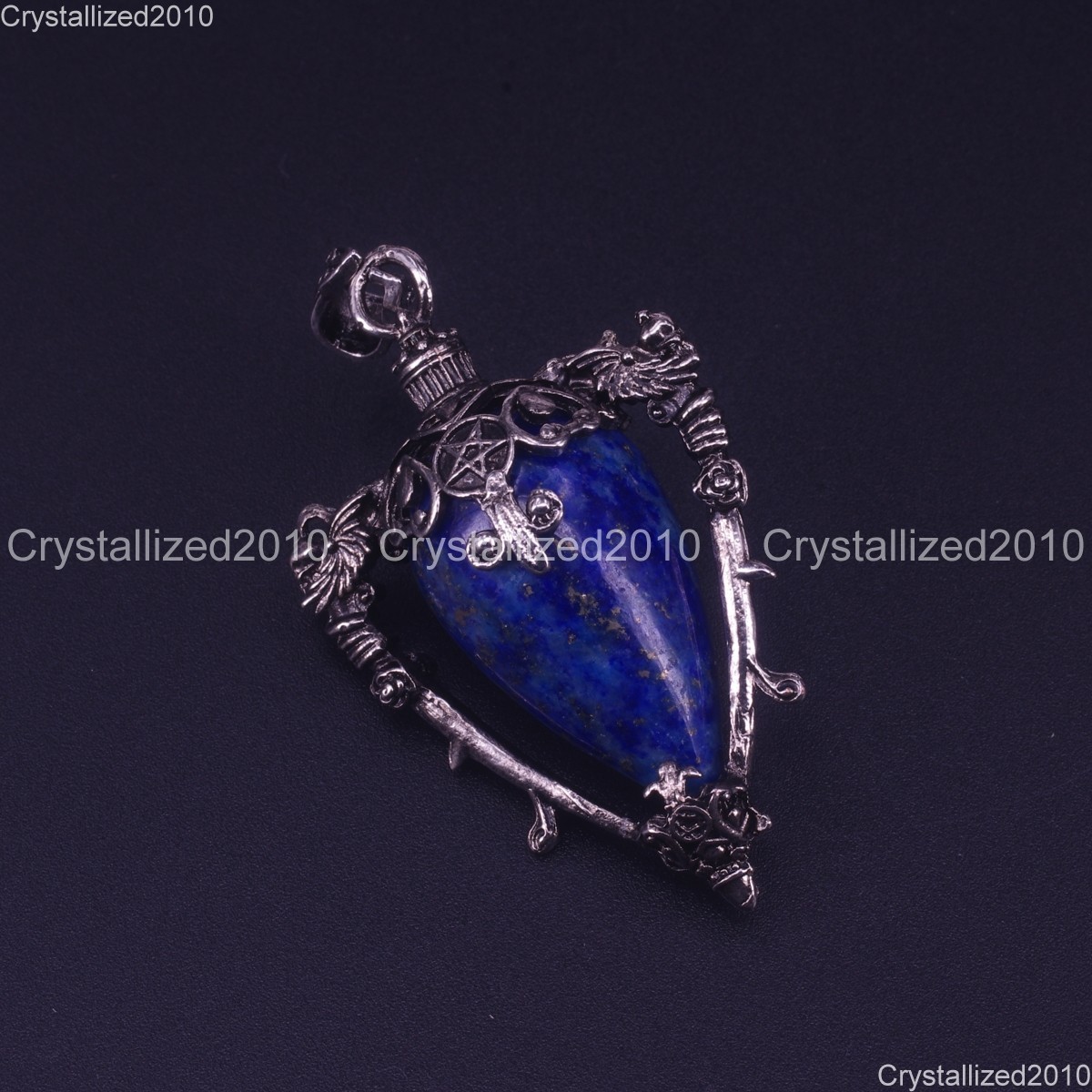 Natural Gemstone Medieval Retro Pendulum Gothic Pendants Tibetan Silver 35x55mm