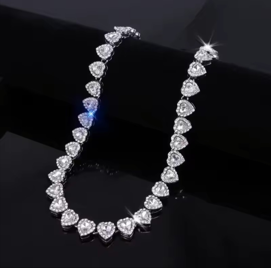 45CM Hip Hop Tennis Chain Necklace – Heart Rhinestone CZ Party Jewelry Chain