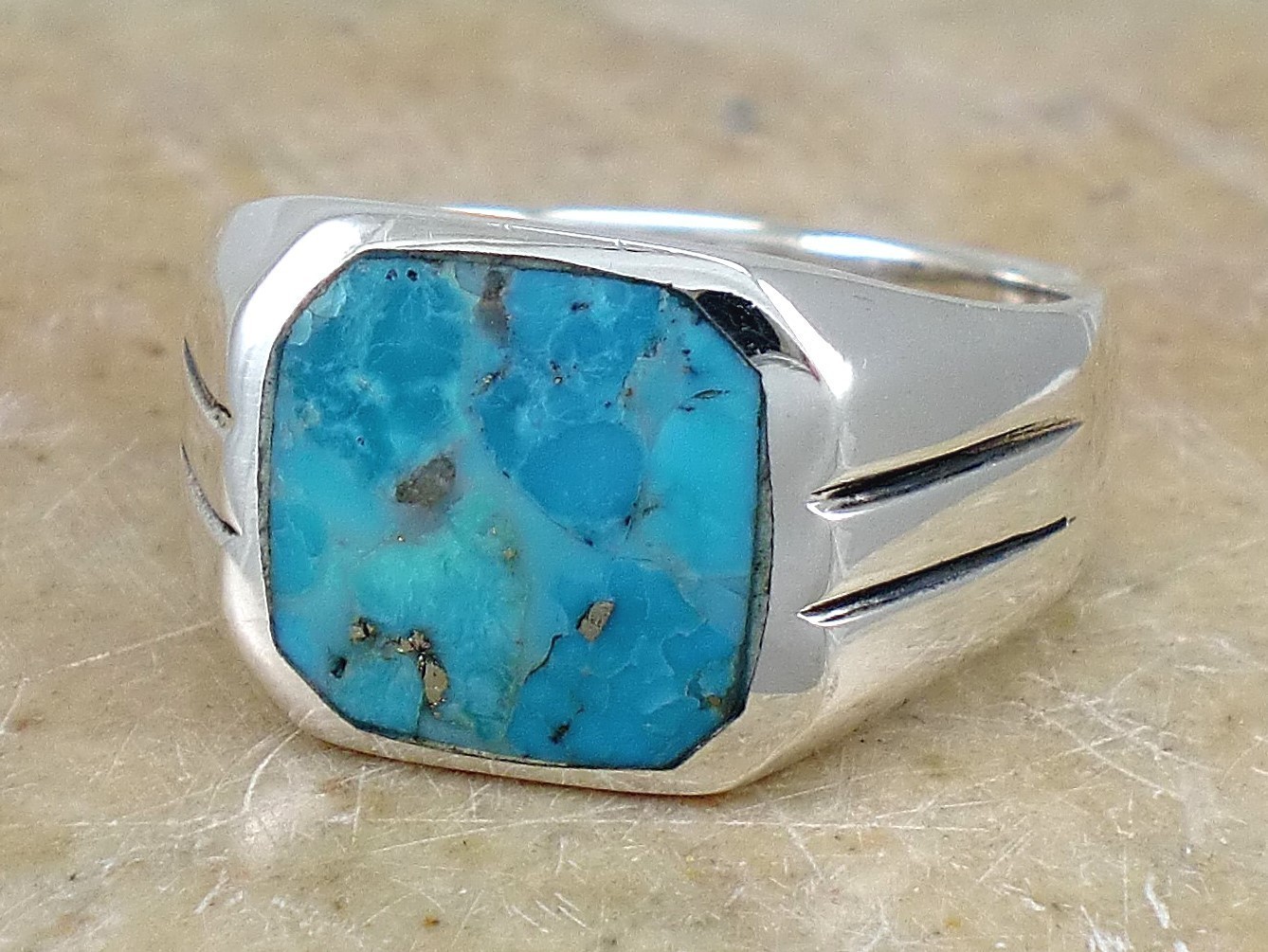 HIGH POLISH .925 STERLING SILVER MEN’S TURQUOISE RING size 8 style# r2550