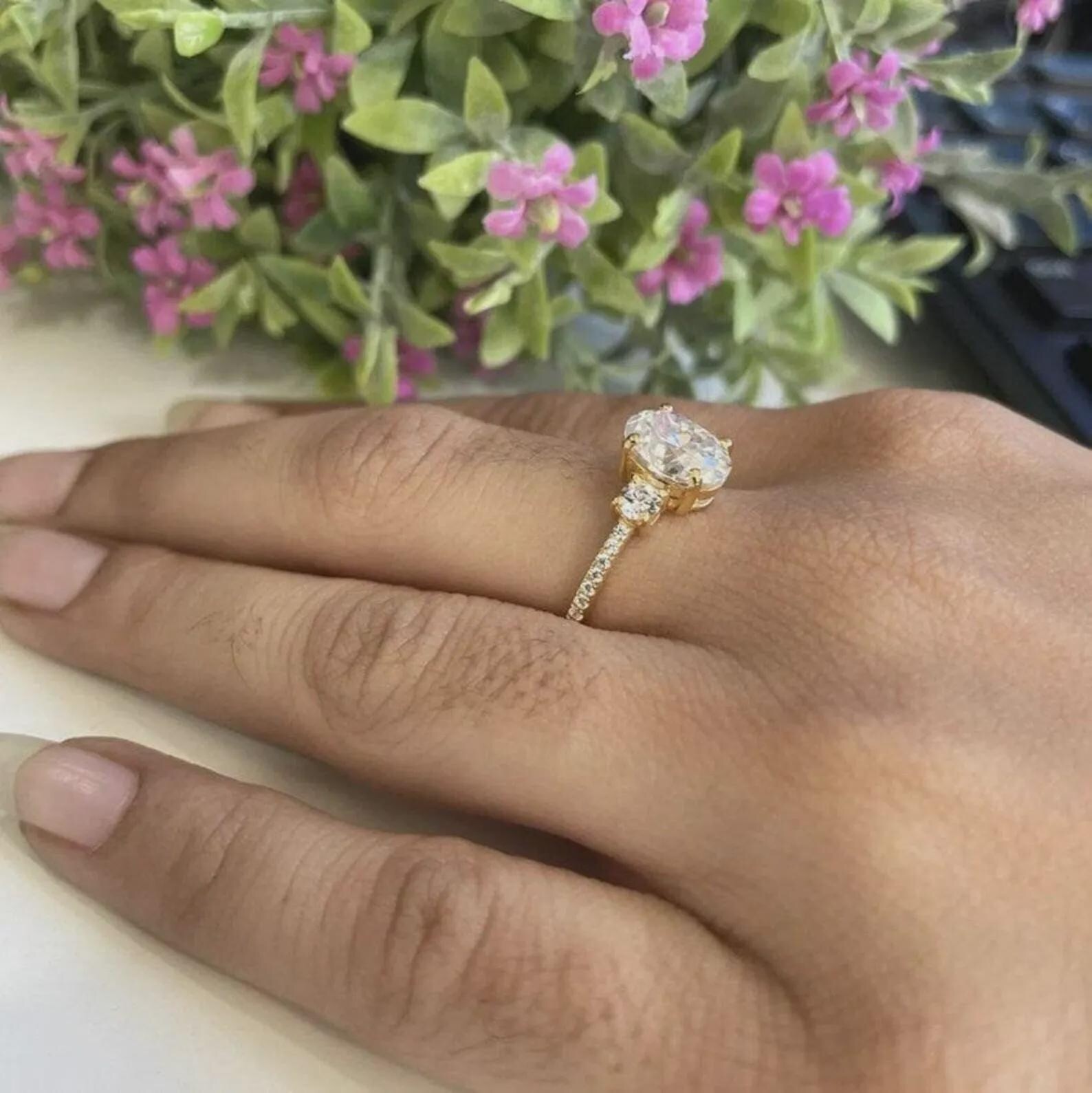2CT Oval Cut Moissanite Three Stone Engagement Ring, Pave Set Wedding Band