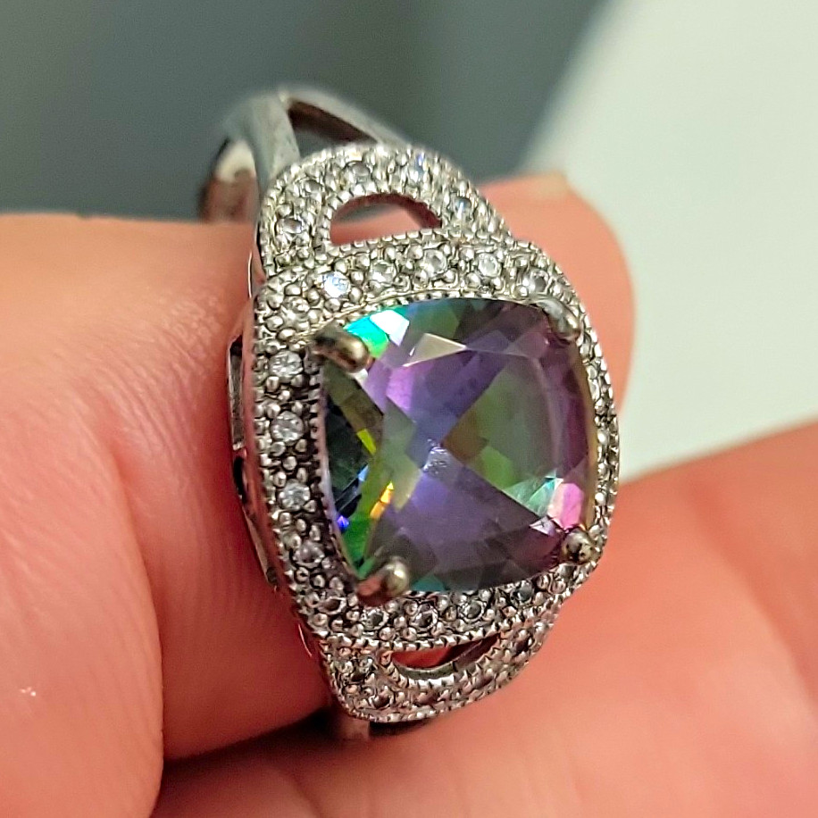 925 Sterling Silver Mystic Topaz Cushion Cocktail Ring w/ CZ Accents Size 10