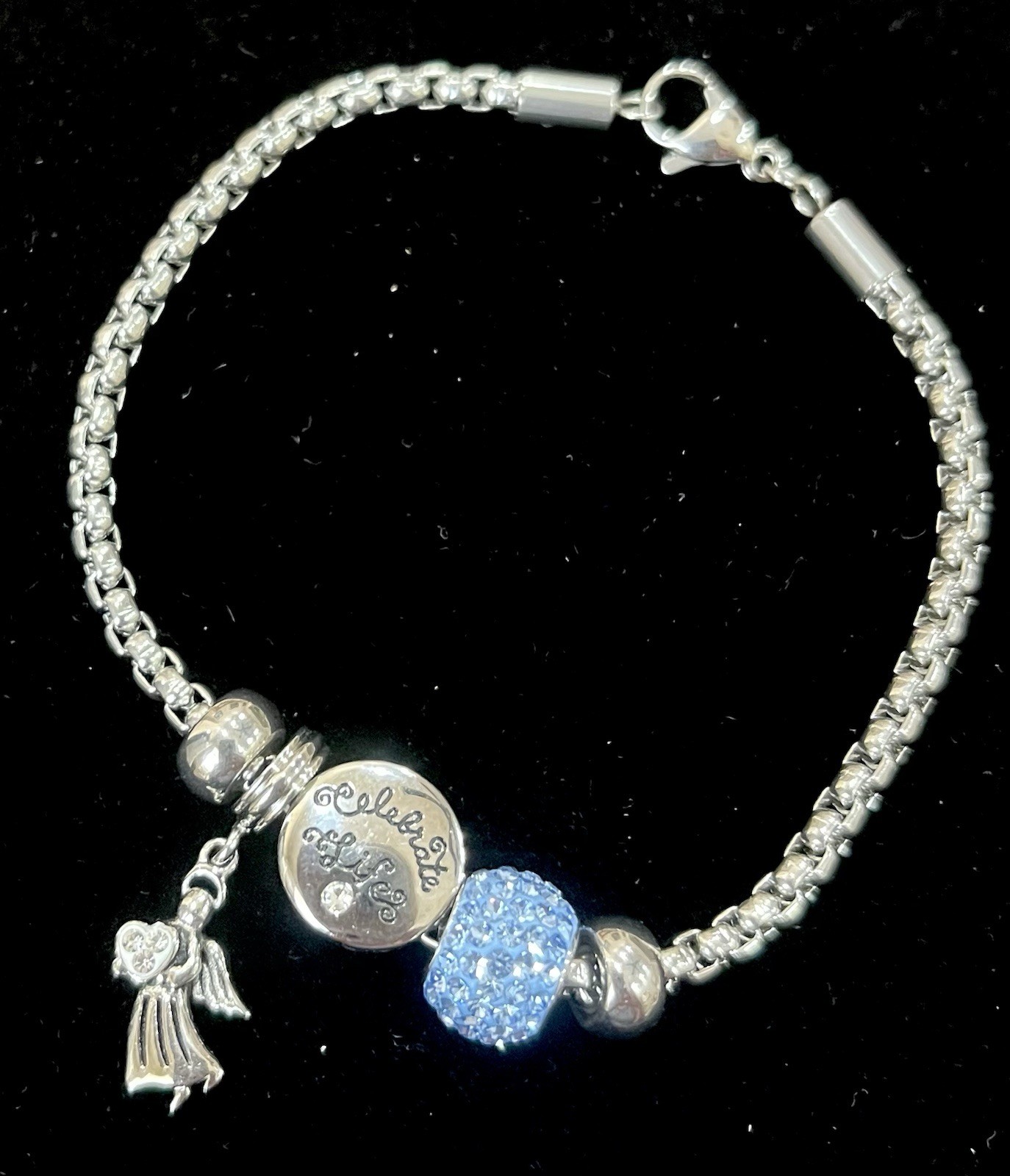 Celebrate Life Silver Charm Bracelet W/Angel & Blue Crystal Charm, 7.4 In