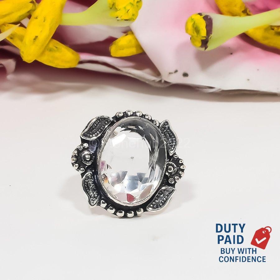 925 Silver White Topaz Unique Mother Statement Handmade Ring Jewelry Size 7.5