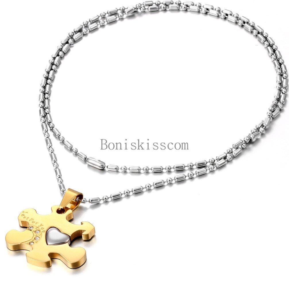 His and Hers Stainless Steel Love Heart Puzzle Pendant Couple Necklaces 1 Pair