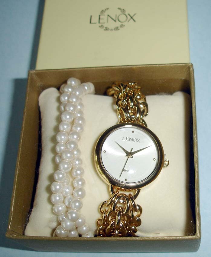 Lenox Goldplate Wrap Around Watch & 3-Strand Detachable Bracelet 2 PC. NEW Boxed