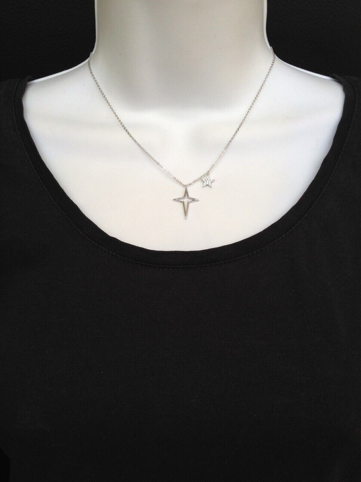 Star & North Star Pendant Necklace Sterling Silver 925 CZ Women 7mm/19mm(0.75″)