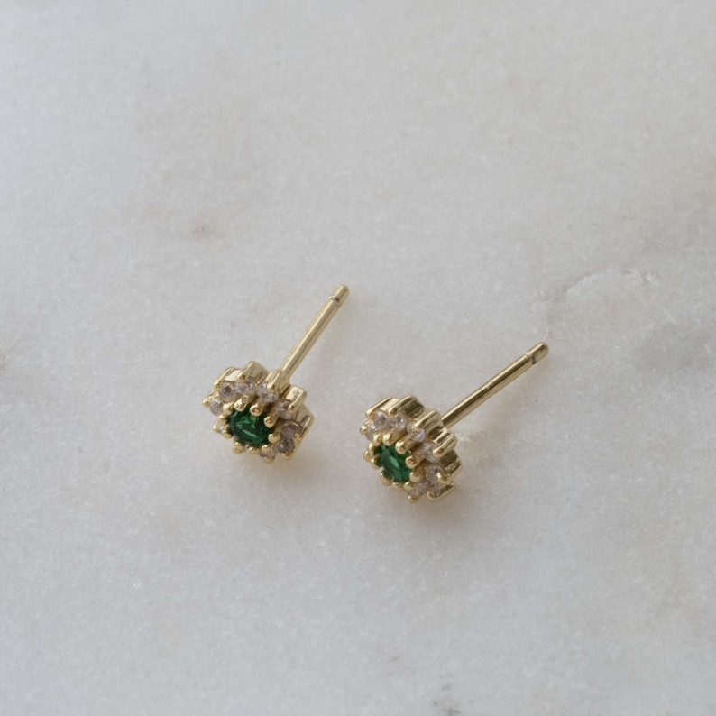 1.20 Ct Round Cut Simulated Emerald Flower Stud Earrings 14k Yellow Gold Plated