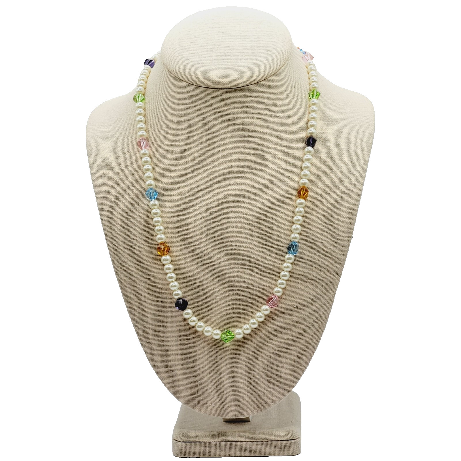 Glass Pearl with Individual Multicolored Crystal Beads Beaded Necklace 22 Inch