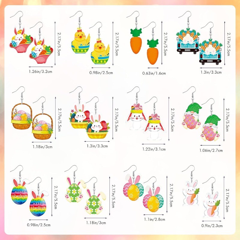 12Pair Easter Acrylic Earrings Bunny Egg Carrot Dangle Earrings for Spring Party