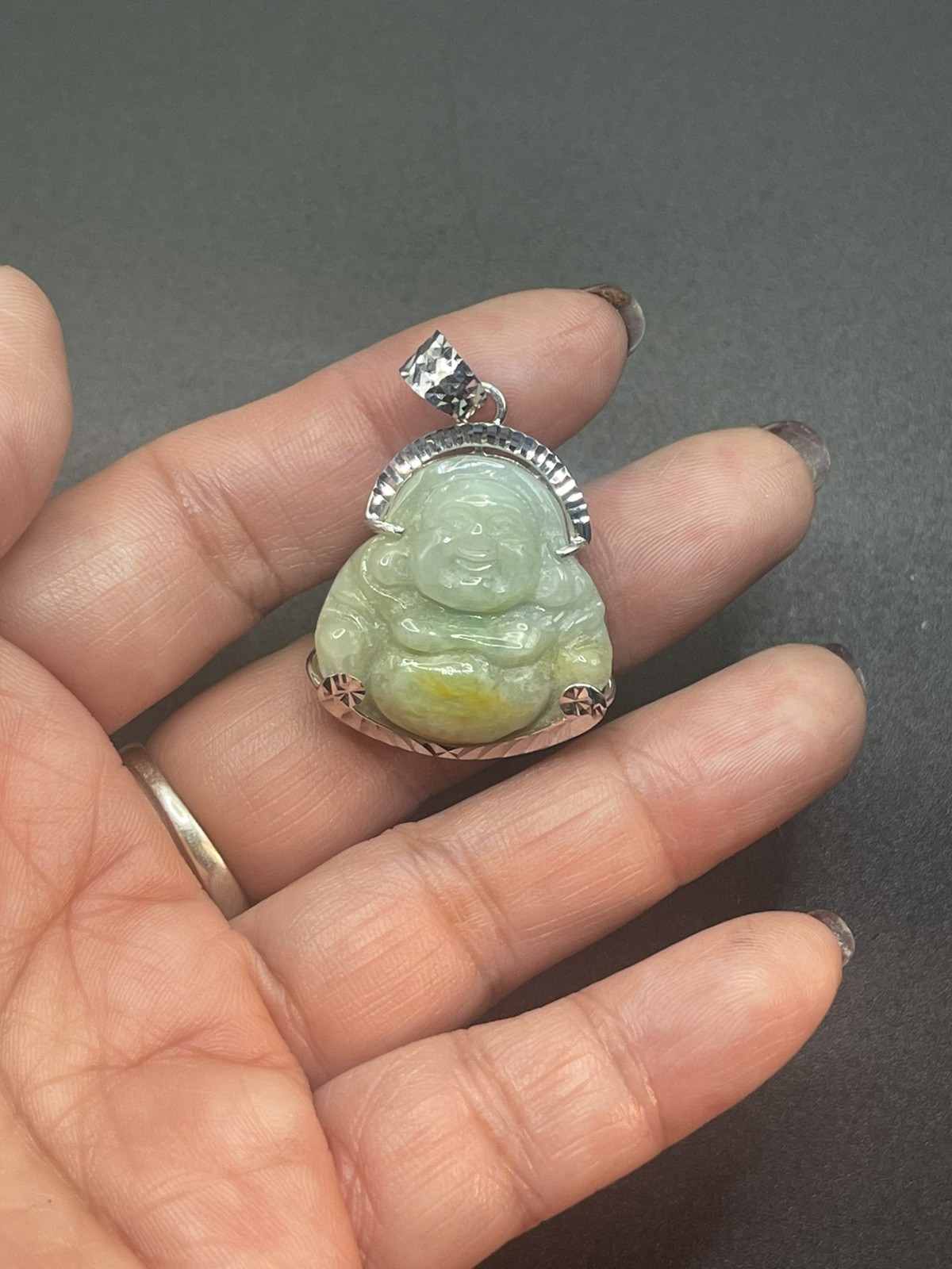 Maitreya Laughing Buddha 100% Natural Jade with Silver . Hand sculpted.No Dyed.