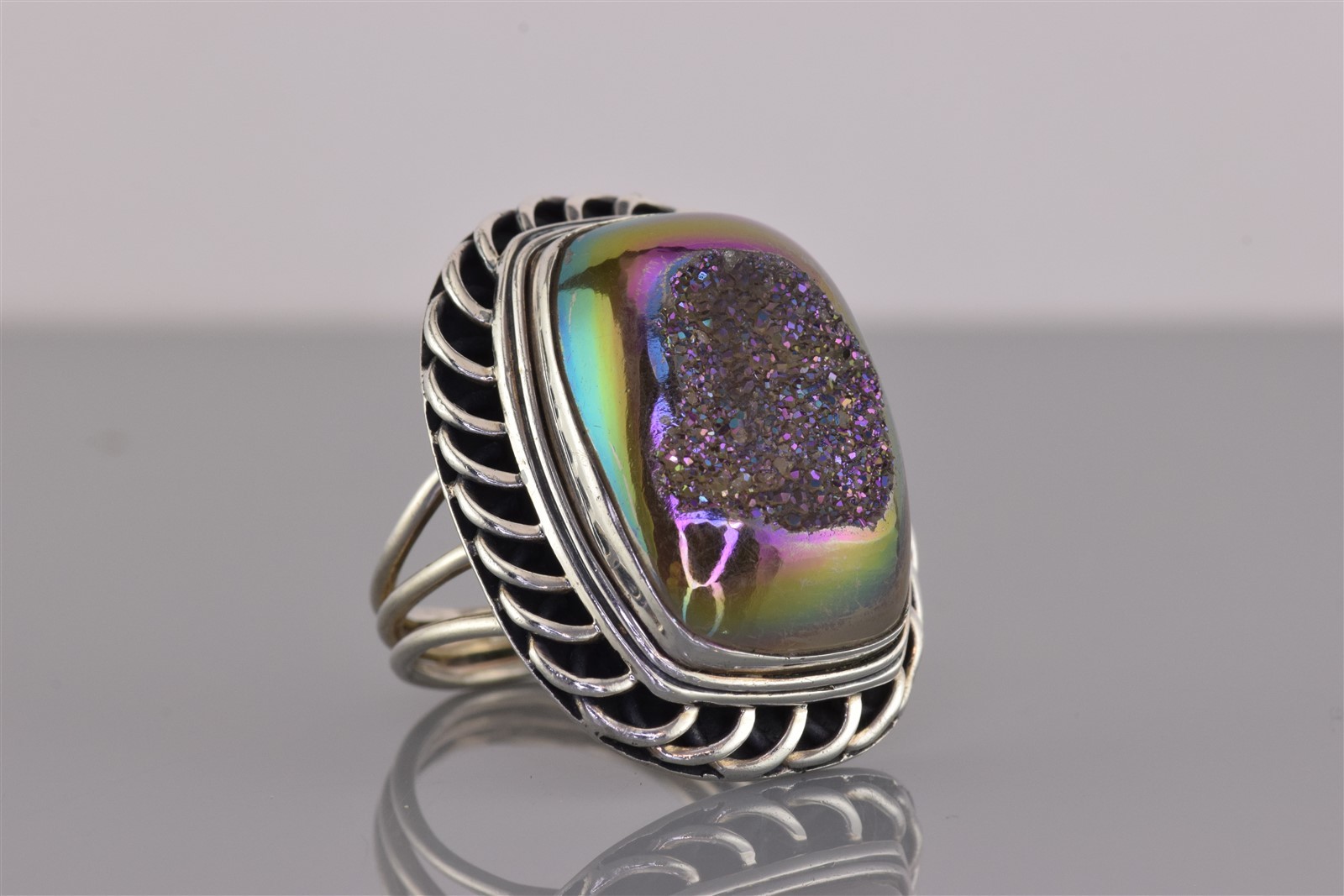 PJC Sterling Silver Purple Drusy Quartz Statement Band Ring 17g India 925 Sz: 9