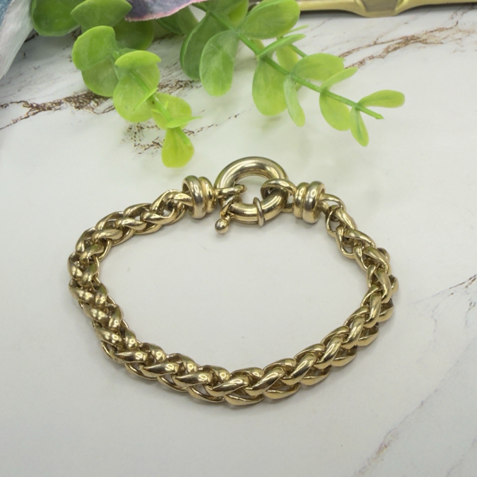 Gold Tone Wheat Link Chain Bracelet Large Spring Ring Bolt Clasp Fashion Jewelry
