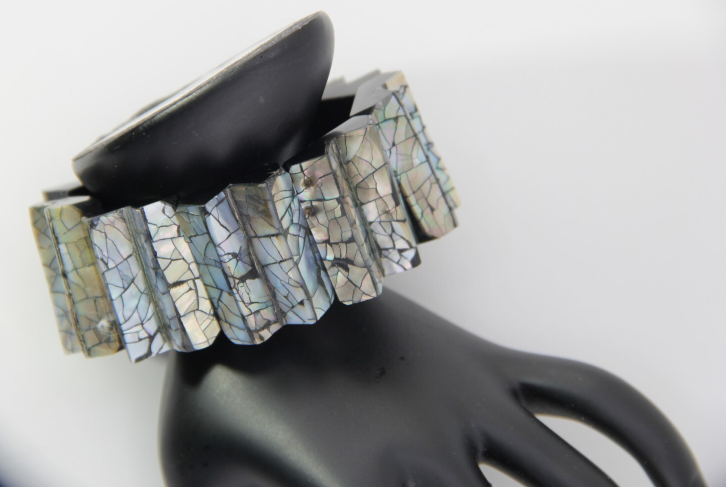 Abalon Mosaic Shell on Black Zig-Zag Shaped Resin Base Stretch Bracelet