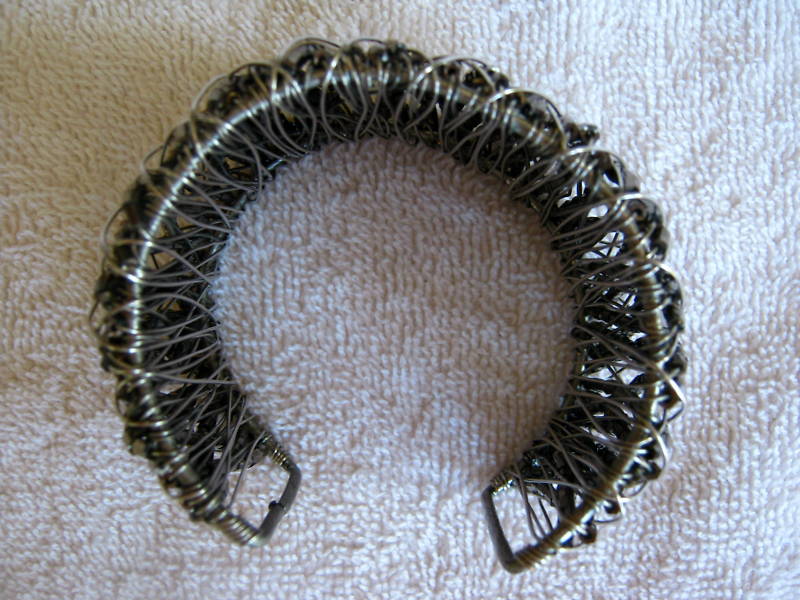 Metal Cuff Bracelet Acrylic Glass Beads Gun Metal Gray Tones 7-8″