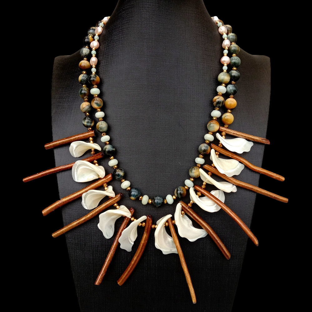 Purple Baroque Pearl Tiger Eye White Shell Gold Coral Necklace  20″